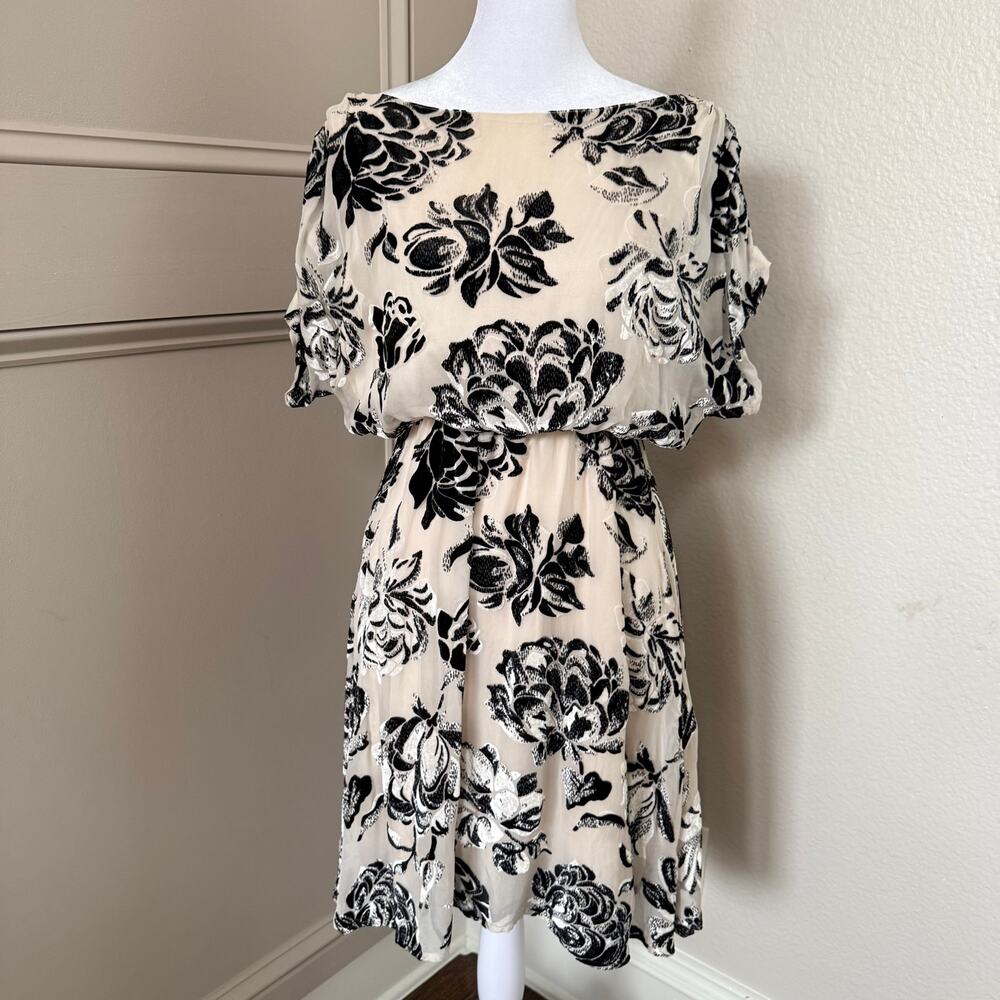 Chiffon Blouson Floral Dress in Cream and Black